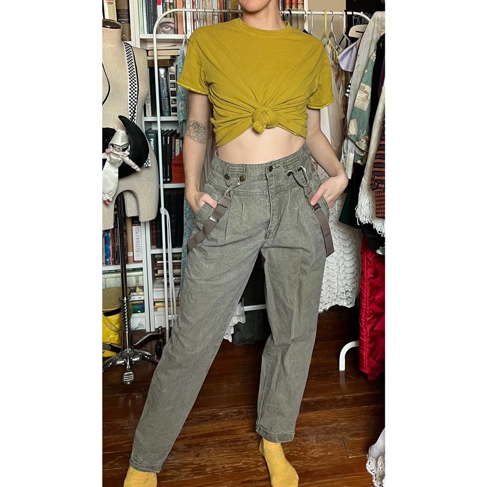 Vtg 80s High Waisted Olive Suspender Explorer Pants Medium